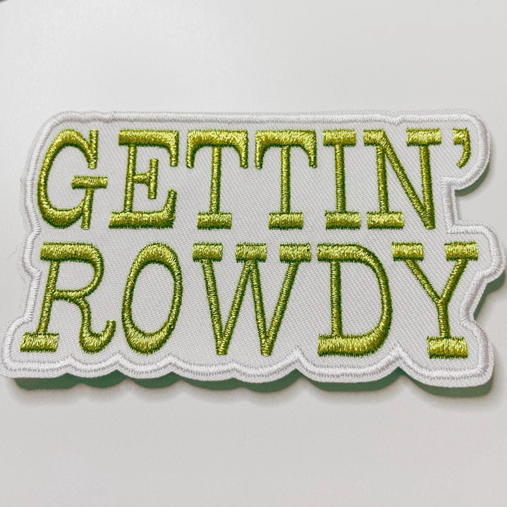 3.5" Gettin' Rowdy - White & Gold Metallic - Embroidered Hat Patch