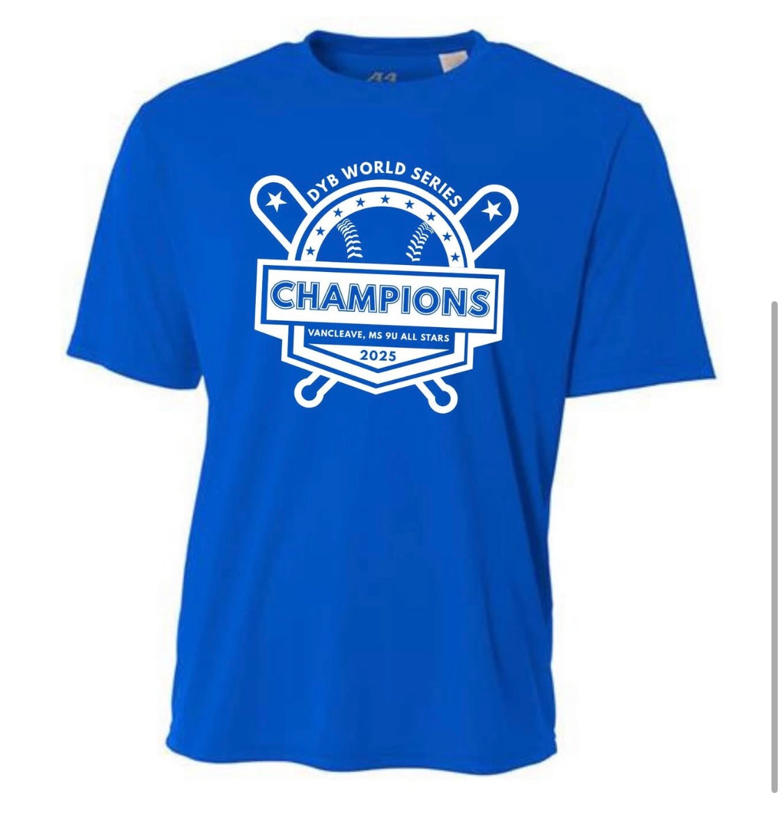 Blue t-shirt with 'Champions' logo on a white background