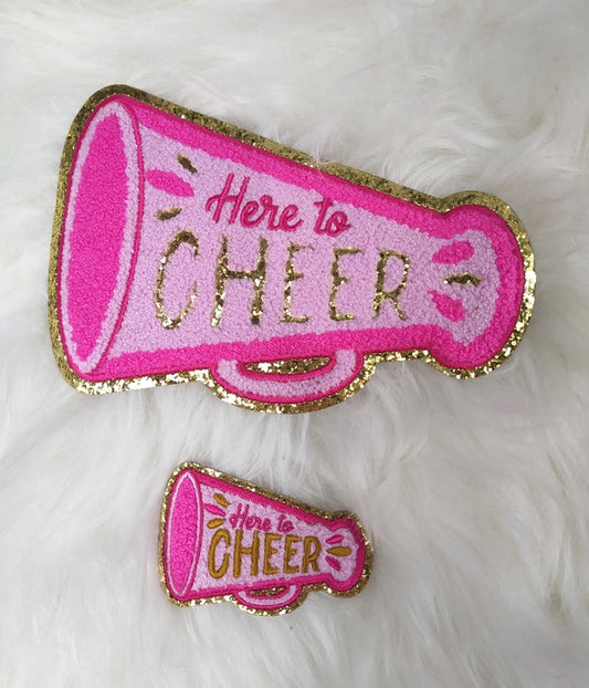 here To Cheer Megaphone Pink Iron On Patch with Gold Glitter