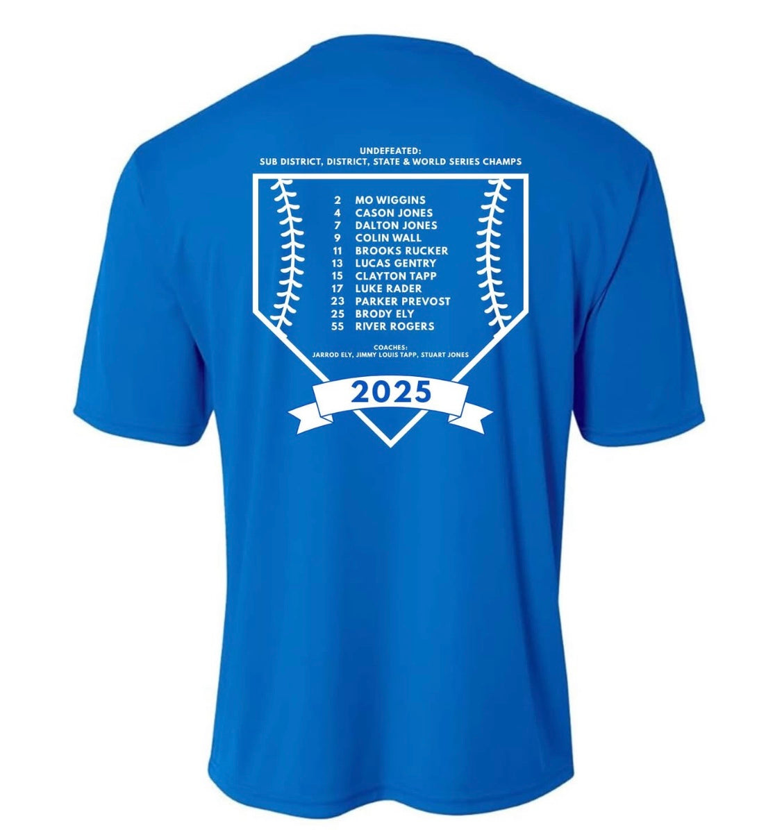Blue t-shirt with a white graphic and text on the back