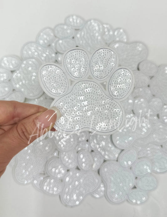 3” White Paw Print Sequins Patch